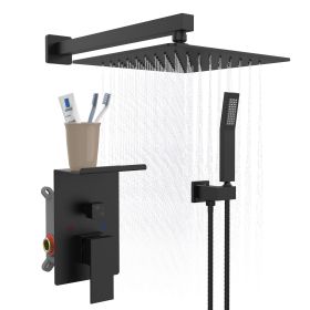 Rainfall Shower System With Storage Rack 10 inch Shower Faucet Set Matte Black with High Pressure with Square Shower Head Luxury Shower Set Wall