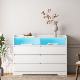 6 Drawer Dresser, White Dresser for Bedroom with LED Lights, Modern Dressers & Chests of Drawers with Sturdy Frame for Living Room, Entryway, Hal