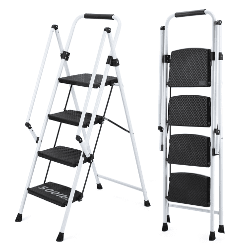 White Four-step Ladder, Light Folding Four-step Stool, Wide Anti-skid Pedal And Safety Handle, Strong Steel Ladder, Multi-purpose Ladder, Applica
